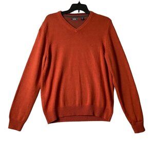 Izod Pullover Sweater Men Medium Burnt Orange Soft Stretch Business Casual VNeck